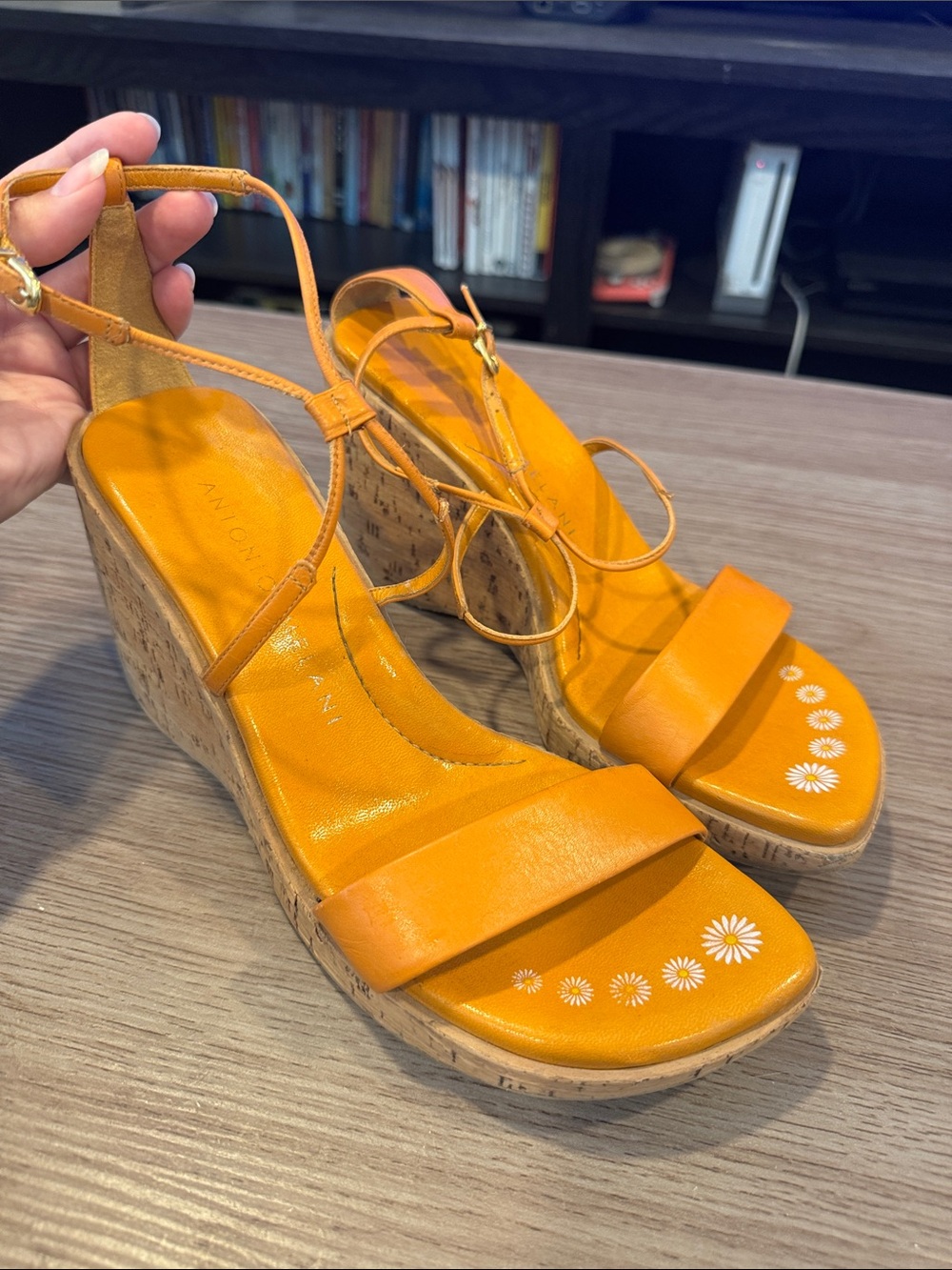 Orange Cork Wedge Sandals with Daisy Accents